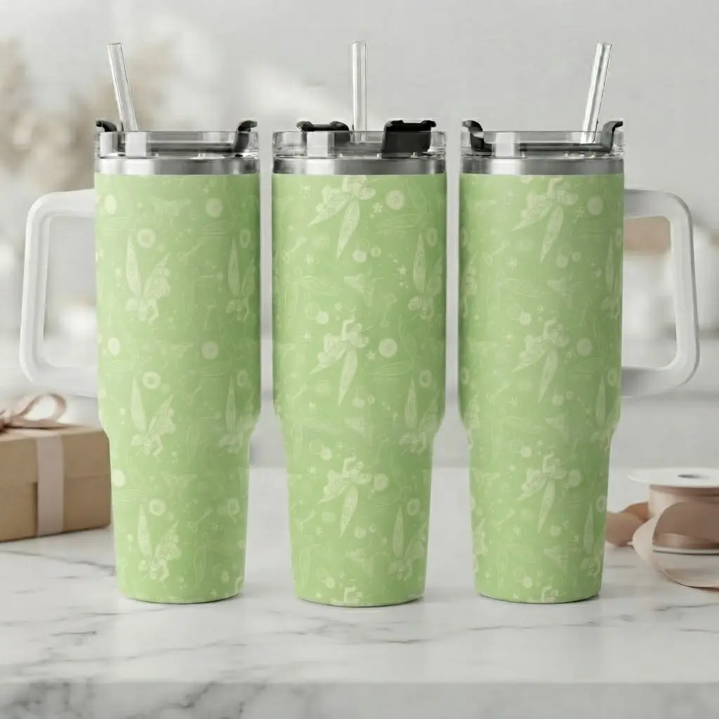 Green Fairy 40oz Tumbler with Handle and Straw, Fantasy Magic Tinker Travel Mug, Stainless Steel Insulated Cup