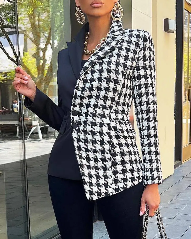 Houndstooth Pattern Women's Blazer - Asymmetric Design, Versatile Style for Women - Womenswear