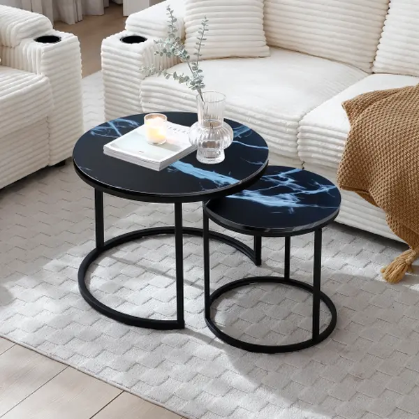 Set 2 Coffee Table Nesting Black top Black Frame Circular Round and Marble Pattern Wooden Tables, Living Room Bedroom Apartment Modern Industrial Simple Nightstand, Industrial Bedside Table, Modern Accent Table