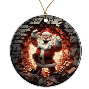 Funny Santa Ornament - Breaking Through Holiday Decor - Festive Christmas Gift - Santa Ornament for Tree Ceramic Ornament - 3 Inch Christmas Tree Round Ornament - Xmas Holiday Decor - String Included - ORNW0181