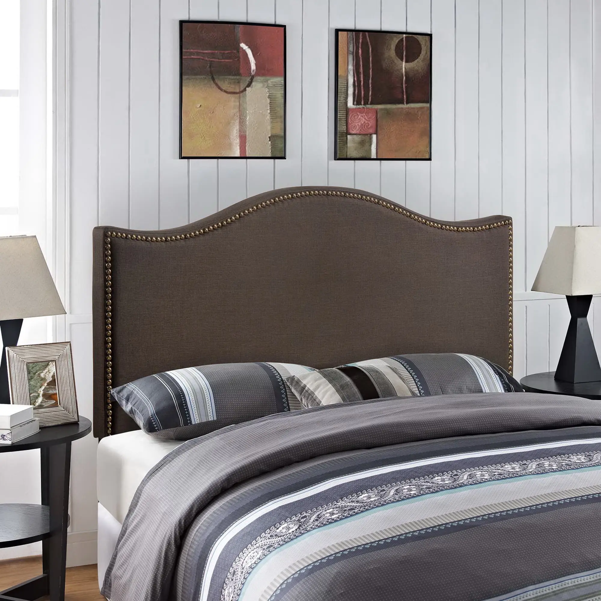 Modway Curl Queen Nailhead Upholstered Wood Headboard - Dark Brown Linen Upholstered Bedroom Furniture Headboard, Linen Upholstered Headboard