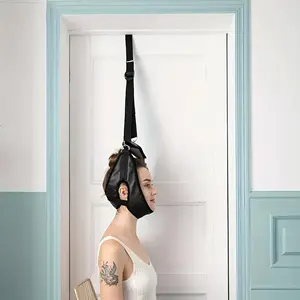 BlackPolyesterCervicalSpineSupportStrap-PortableDoorHangingNeckProtectorwithStretching&FixingDevice,ComfortableFit,HealthcareFiber