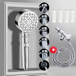 The newly upgraded 6-setting multifunctional high-pressure shower head features multiple filtration functions. It comes with four extra filter cartridges, a 59-inch hose, and a shower bracket. Black , bathroom bathroom accessories.Summervibes