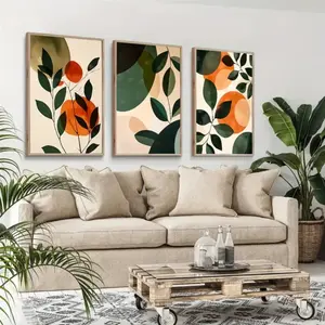 3 Pieces Botanical Abstract Green Orange Geometric Leaf Art, Boho Wall Mural, Natural Vitality Home Art, Eclectic Gallery Decor, Warm Tone Poster, Wall Decor for Living Room and Bedroom, Framed or Unframed Options Available.
