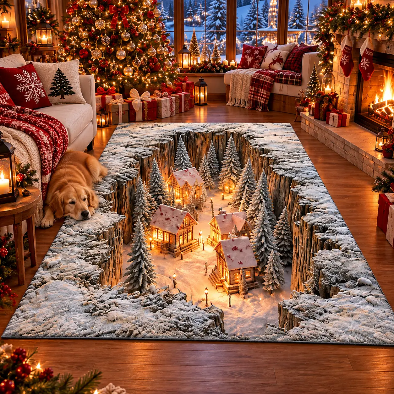 3D Christmas Village Area Rug, Snowy Winter Wonderland Carpet, Cozy Glowing Cottage Illusion, Blue Ice Canyon Floor Mat, Festive Holiday Home Decor, Unique Xmas Gift for Pet Lovers