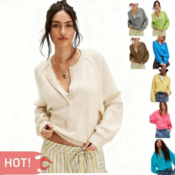 Women's Fitted Round Neck Long Sleeve Minimalist Basic Breathable Knitwear - Half-Button Henley Neck Casual Lightweight Solid Pullover Top