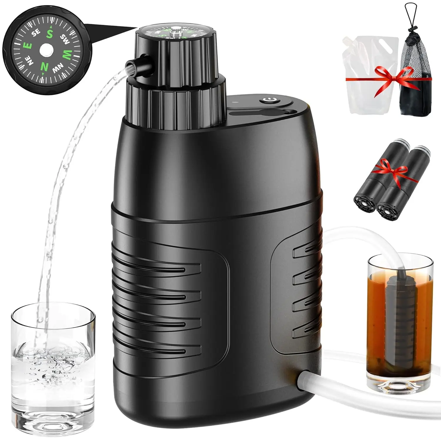 Portable 6-Stage Filtration System Water Purifier with 0.01 Micron Ultrafiltration Membrane, Durable Shell, Emergency Compass - Compact, for Camping, Hunting Survival Tool Kit, Outdoor Travel