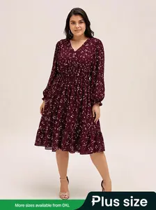 Elegant Burgundy Floral Slim A-Line Long Sleeve Dress Set, Perfect Christmas, Women's Fashion, Festive Wear, Holiday Style, Casual Wear