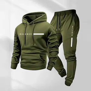 Men's 2-Piece Balance Logo Printed Hoodie & Drawstring Sweatpants Solid Tracksuit Set - Textured, Long-Sleeve Hooded Jacket & Trousers for Fall Winter, Gym Exercise Activewear, Workout Running Clothes
