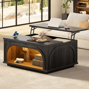 Sikaic Lift Top Coffee Table with Charging Station & LED Lights, Multi-Functional Center Table with Hidden Compartment and Storage Shelf,Rising Desktop Tea Table for Living Room & Office, Matte Black