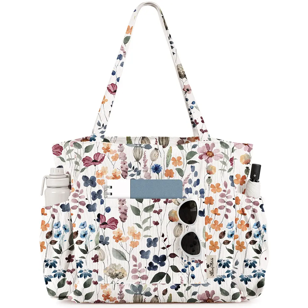 Miss Adola Large Corduroy Tote Bag for Women - Cute Shoulder Reusable Canvas Bags with Zipper Multi-Pocket for School