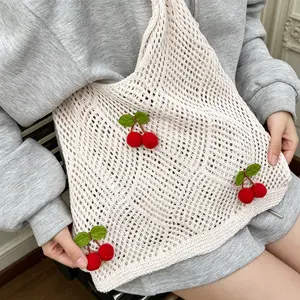 Knitted Beach Tote Shoulder Bag, Handmade Cherry Decorations, Mesh Cutout Crossbody Bag for Outdoor Use