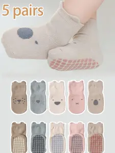 5 Pairs Baby Boys Girls Non-Slip Socks, Toddler Walking Socks, All-Season Soft Comfortable Fabric, Cartoon Designs, Cartoon Pattern, Animal Prints