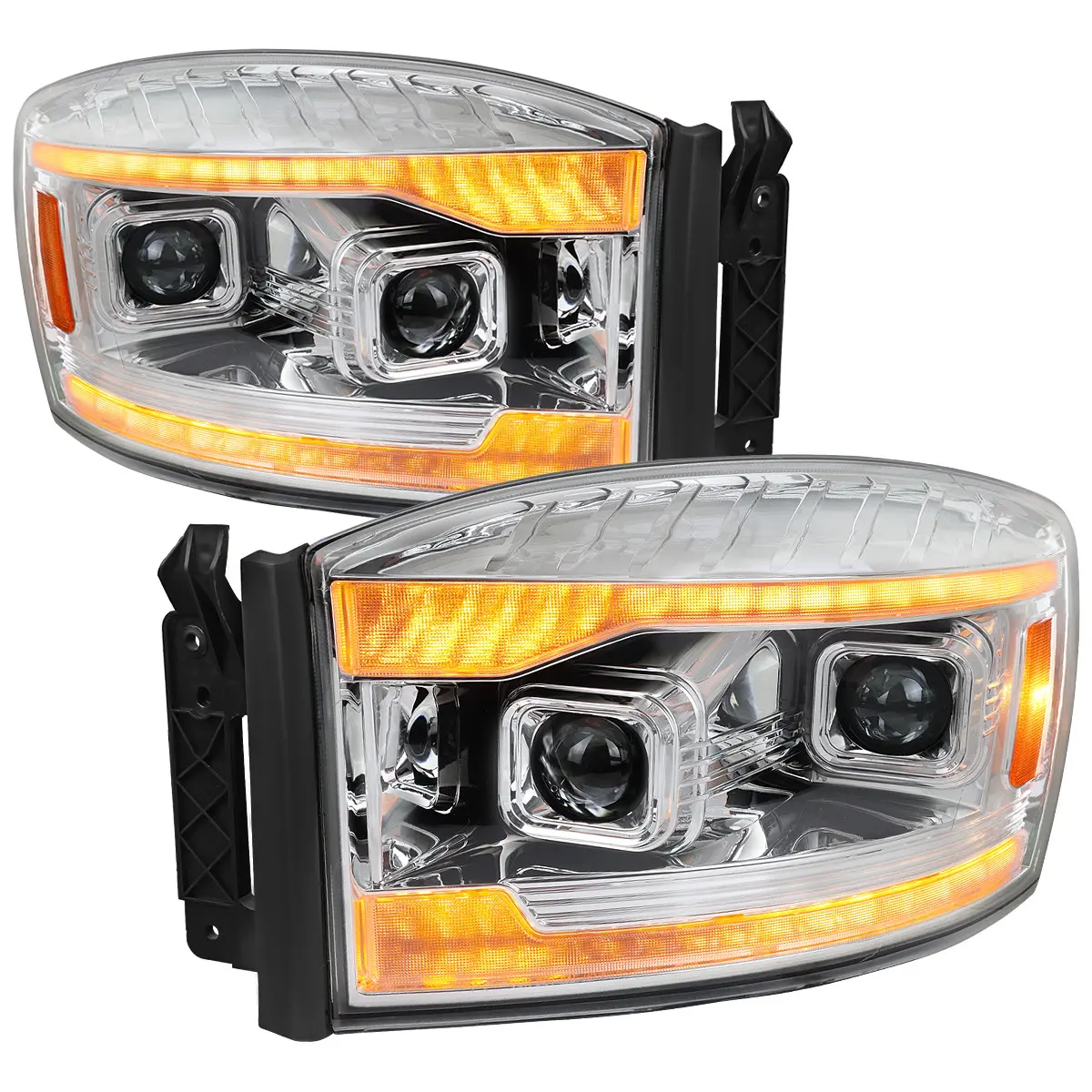 2006–2008 Dodge RAM 1500 / 2006–2009 RAM 2500 3500 Projector Headlights with Switchback Amber LED Strips, Sequential Turn Signals, DRL & Startup Animation (Chrome Housing / Clear Lens), Led Light, Startup Glow
