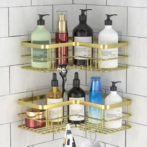 2-Pack Adhesive Corner Shower Caddy – Rustproof Stainless Steel No-Drill Bathroom Organizer Shelves with Hooks (Gold)