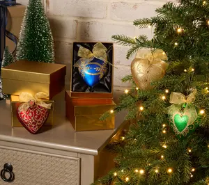 QVC Set of 4 Glass Heart Festive Decorations, Each in Individual Gift Boxes (By Valerie)