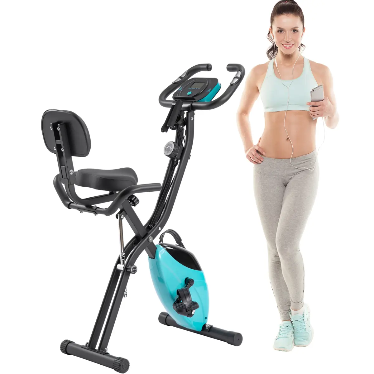 Foldable X-Bike Indoor Exercise Equipment - 16 Levels Res., Magnetic Brake, Metal Frame, 300LBS Capacity, Heart Rate Sensor & LCD Monitor, Foldable Ebike for Home Workout Use