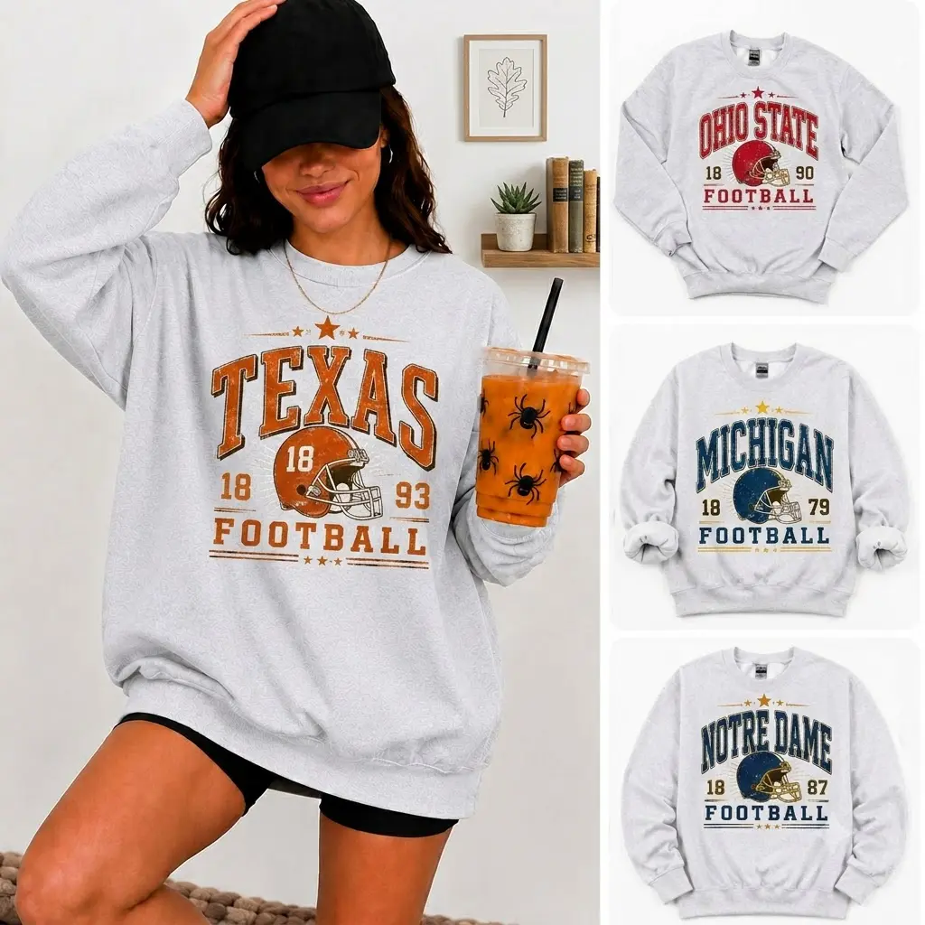 Vintage College Football Sweatshirts Color Ash Grey, Unisex College Football Crewnecks, Retro Football Sweatshirt, Lucy Rose Fleece Crewneck Pullover Unisex