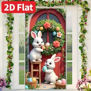 1PC 2D Flat Easter Bunny Egg Wreath Door Banner, Polyester Birthday Party Decoration Supplies with Cartoon Print, Spring Indoor-Outdoor Porch Door Decor