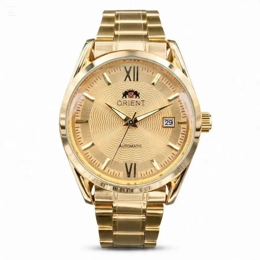 Orient Men's Automatic Mechanical Watch - 21-Jewel Movement, Golden Wave-Pattern Dial with Roman Numerals, Date Window, Stainless Steel Bracelet, Water-Resistant Classic Business-Casual Self-Winding Dress Watch for Gentlemen's Gifting