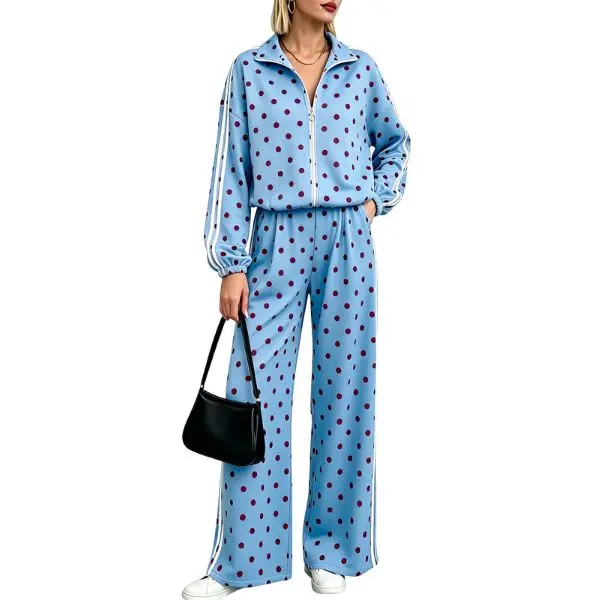 Fisoew Women's 2-Piece Polka Dot Tracksuit - Lightweight Cute Clothes, Zip-Up Collar Long-Sleeve Jacket, Striped Wide-Leg Pants, Comfortable Fabric Casual Loungewear Set, Women's 2 Piece Set