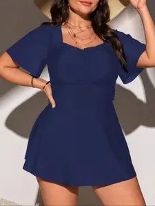 【Plus Size】 Two-piece Set Solid Color Tankini Set, Casual Short Sleeve Longline Swim Top & Swim Panty Swimsuit for Women, Women's Swimwear for All Seasons, Summer Tankinis Set, Summer Tankini Beach, Tankini Swimdress