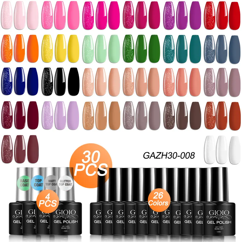 GIOIO 30 pcs Long Lasting Gel Nail Polish Set 26pcs Colorful UV Gel With 4 Pcs Base Coat And Matt Glitter Glossy Top Coat Gel Polish Set Finger Nail Polishes Pink Purple Red Blue For Women Nail Art Salon Design At Home DIY Manicure Matte
