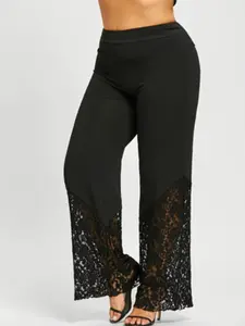 Plus Size Women's Casual Pants, Female Clothing, Lace Patchwork High Waist Wide Leg Pants, Comfortable and Stylish, Fit, Perfect for Everyday Wear