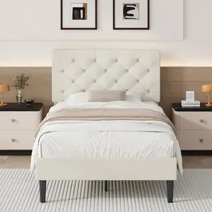 Upholstered    Headboard, Linen Fabric    Button Tufted Headboard, No Box Spring Needed, Easy Assembly, Twin/ Full/ Queen/ King, Beige/ Pink/ Dark Grey/ Grey/ Blue/ Cream/ Black Bed with Frame