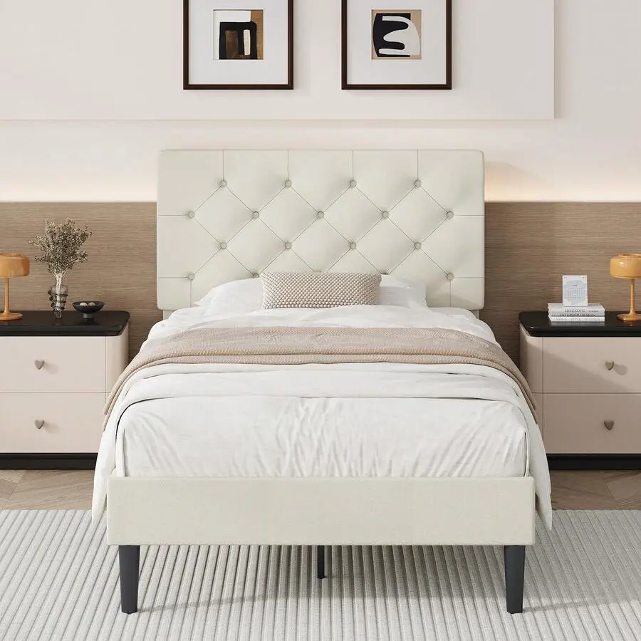 Upholstered    Headboard, Linen Fabric    Button Tufted Headboard, No Box Spring Needed, Easy Assembly, Twin/ Full/ Queen/ King, Beige/ Pink/ Dark Grey/ Grey/ Blue/ Cream/ Black Bed with Frame