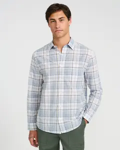 Express Blue Plaid Cotton Long Sleeve Poplin Shirt