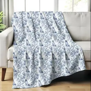 Blue French Country Dog Pattern Flannel Blanket, Vintage Elegant Home Decor, Pet Lover Warm Throw, Sofa Bedroom Living Room
