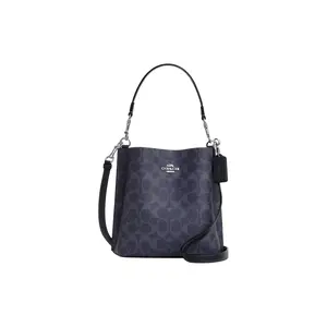 COACH Mollie Signature Coated Canvas and Leather Bucket Bag for Women – Silver and Midnight Navy