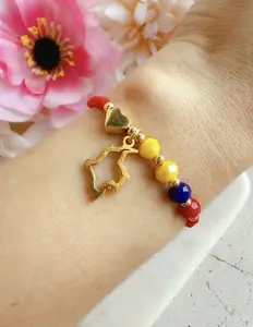 Colombia Bracelet Red Braided Nylon Cord with Map Charm Yellow Blue Red Glass Beads Adjustable 9 Inch Handmade Jewelry