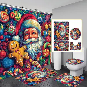 1/3/4PCS Christmas Santa & Gingerbread Man Shower Curtain Set, 71x71 Inches, Includes Background Pattern, Comes with 12 Hooks, Festive Bathroom Decor, Bathroom Decoration Accessories