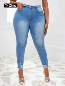 Plus Size Ripped Raw Hem Faded Skinny Jeans, Casual Chic Button Pocket High Waist Denim Pants for Daily Wear, Going Out Outfits, Streetwear, Women's Bottoms for Spring & Fall, Womenswear