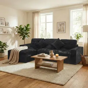 Niccae 105x65.6x24" Modular Cloud Sofa Set - DIY Sectional with Ottoman, Fixed Arms, Oversize Form, Traditional Design, Compressed Pack, Pure Foam, Faux Rabbit-Inspired Plush Velvet, Black Indoor Living Room Couch