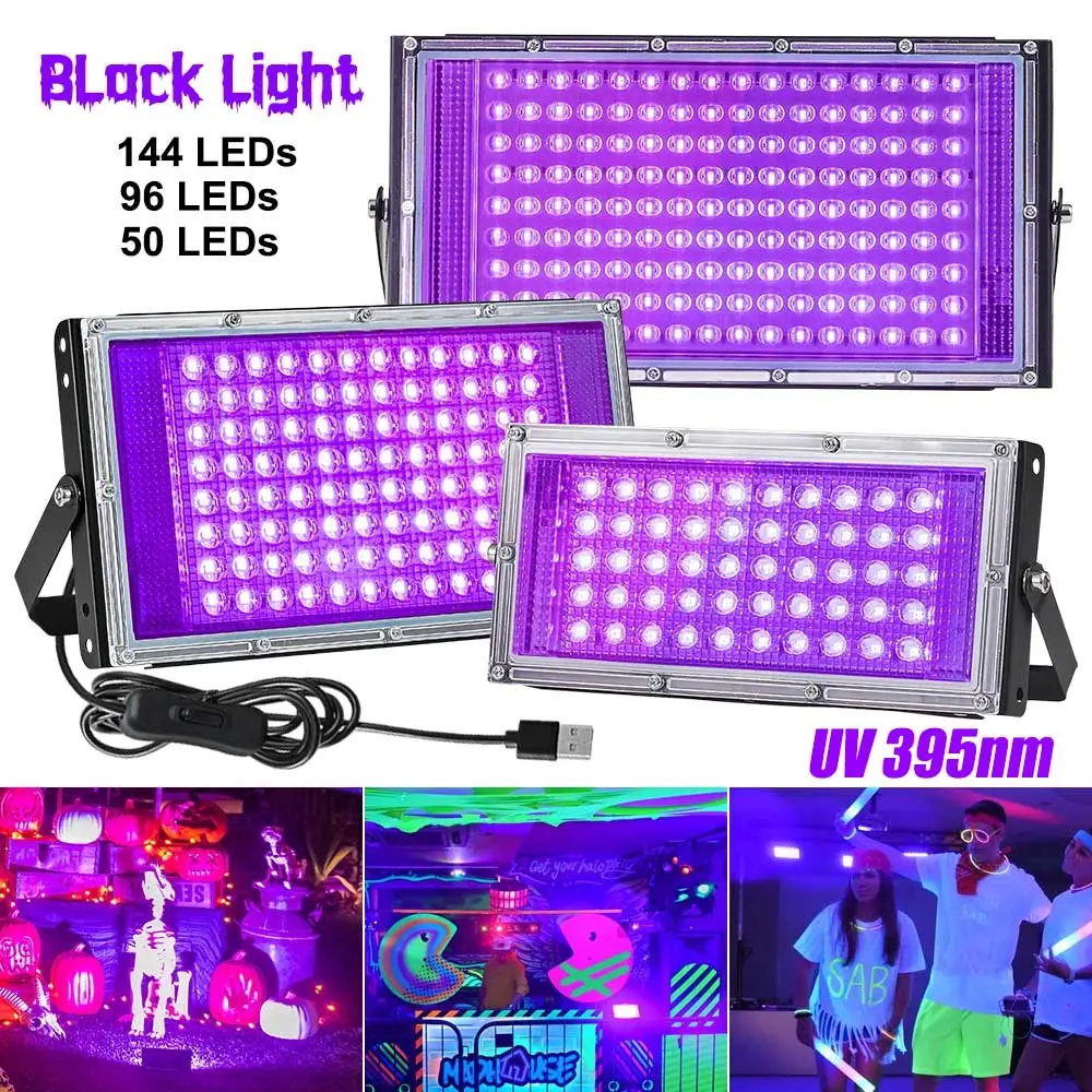 VASTFIRE 385-400nm UV Black Light LED Floodlight, 50/96/144 LEDs, 120° Reflector, IP65 Waterproof, USB 5V Power, 360° Adjustable Foldable Stand, Durable Aluminum-PC Build, Easy Installation, for Glow Parties, Fluorescent Art, Led Lights, Polycarbonate