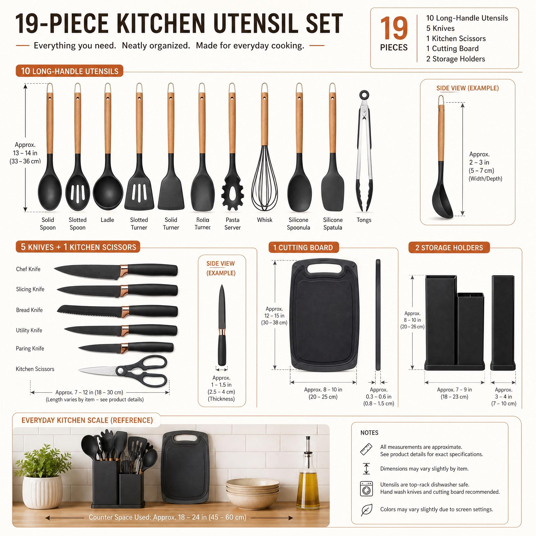 19-Piece Kitchen Supplies Set - Nonstick Silicone Cooking Utensils, 430 Food-Grade Stainless Steel Chef Knives with Wooden Handles, Professional Countertop Storage Rack for Home Kitchens