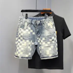 Heavyweight Checkered Denim Shorts for Men, Summer Washed Vintage American Retro Trendy Denim Five-Point Pants 2026 Fashion Style