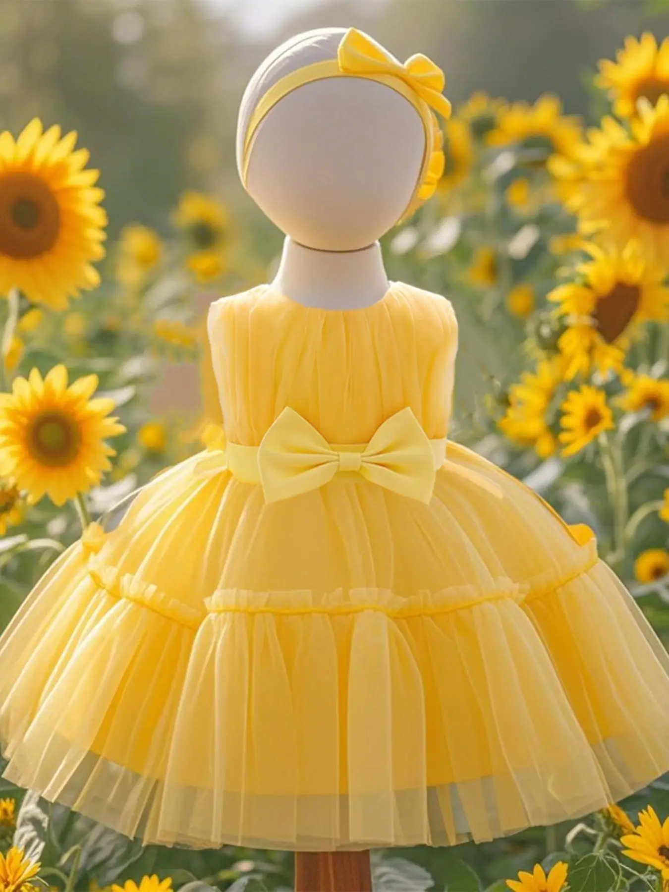 Toddler Girl's Solid Belted Ruffle Trim Tulle Dress, Cute Romantic Flower Decor A Line Dress for Party Wedding Guest, Kids Clothes for All Seasons