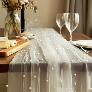 1pc White/Sage Green Pearl Table Runner, 29.5*39.4in Beaded Tablecloth, Imitation Pearl Mesh Table Runner, Bali Gauze Party Lawn Wedding Decoration Veil, Boho Rustic Wedding Photo Backdrop DIY Material, Boho Aesthetic, Table Setting