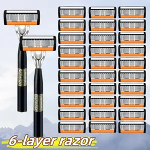 Luxury Men's Stainless Steel Razor Set, 6 Layer Shaving Knife with 18/30 Ultra Sharp Blades, Smooth Shave & Trimming, Easy Clean Durable Manual Razor