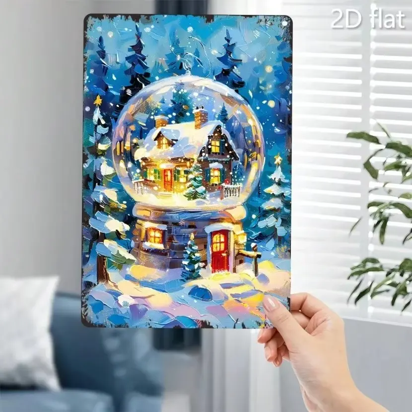Vintage Aluminum Wall Art 8x12 Inch Hand Painted Snow Globe Cabin Decor with Twinkling Lights Indoor Outdoor Hanging Holiday Christmas