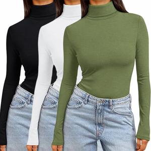 Women's 3pcs Long Sleeve Turtleneck Top Slim Fit Thermal Active Layer Shirts Soft Ruched Crop Tees for Spring Fall Chic Loungewear Basic Sleepwear White+Black+Green