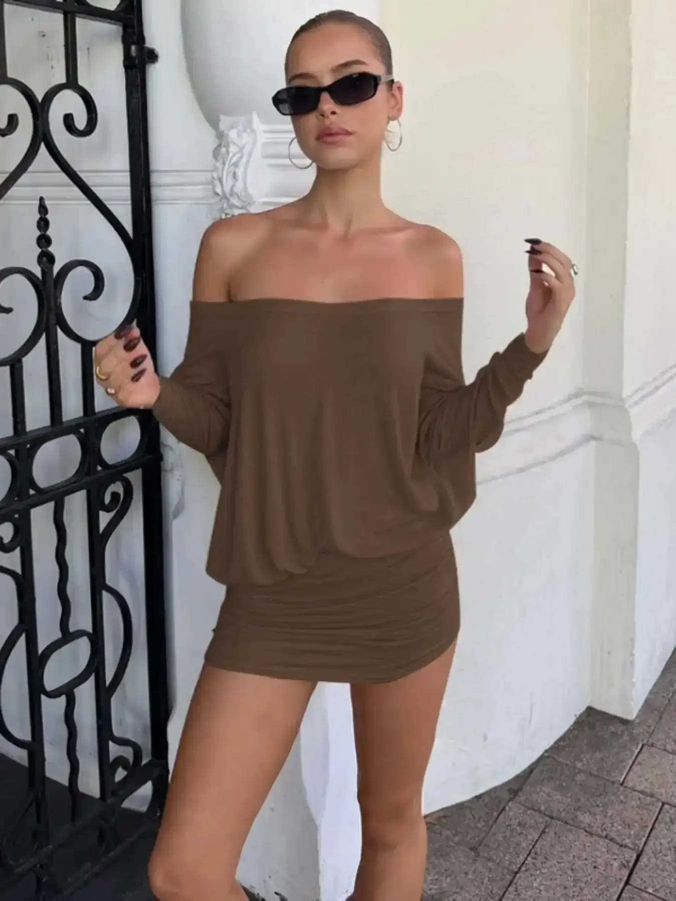 Women's Solid Off Shoulder Sheer Dress, Fashion Casual Long Sleeve for Party Club Dating Wear, Women Spring Fall flattering go to cocktail attire contemporary luxe feel bodycon timeless