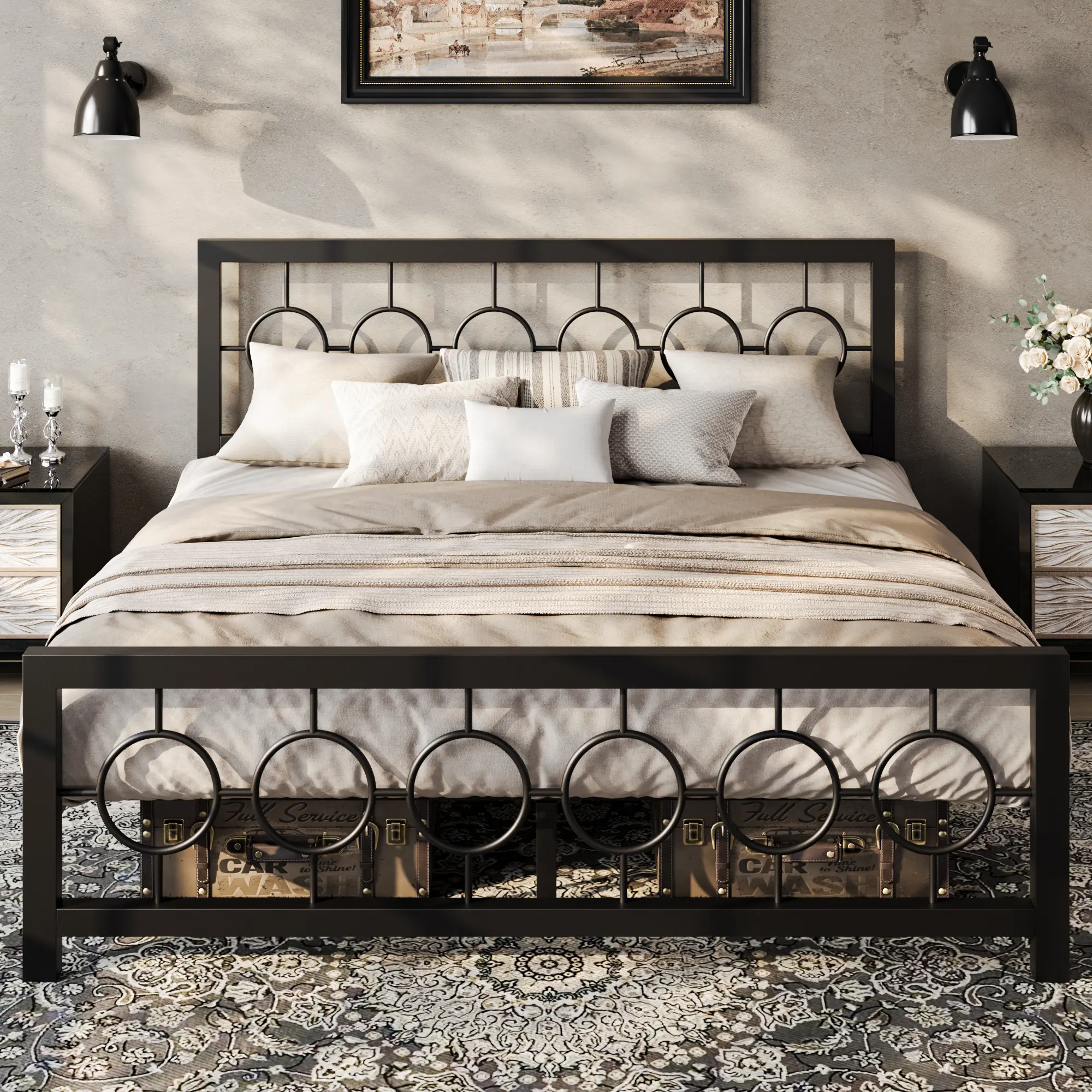 HOOMIC Metal Platform Bed Frame【Frame Only No Mattress】with Vintage Circular Design Headboard and Footboard,Extra Under-Bed Storage,Bedroom Furniture,No Box Spring Needed,Black/Brown,Twin/Full/Queen/King Size