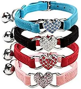 CHUKCHI Adjustable Safe Cat Collar, Soft Pink Velvet with Bling Hearts Crystal Charm, Safety Bell, 8-11 in (Black, Red, Pink, Blue)