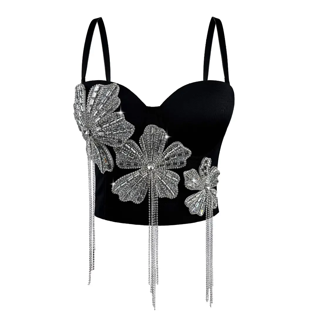 Women's Short Corset Crop Top - Sexy Rhinestone Tassel Fishbone Boning Bustier, Casual Fit Sleeveless Corset Vest Women's Tanks & Camis for Parties