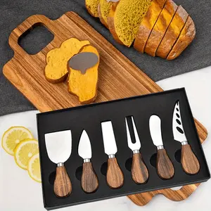 6PCS Stainless Steel Cheese Knife Set 6 Different Functions, Oak Handle Cheese Knife Fork, Butter Knife, Cheese Shovel for Cheese & Butter Slicing